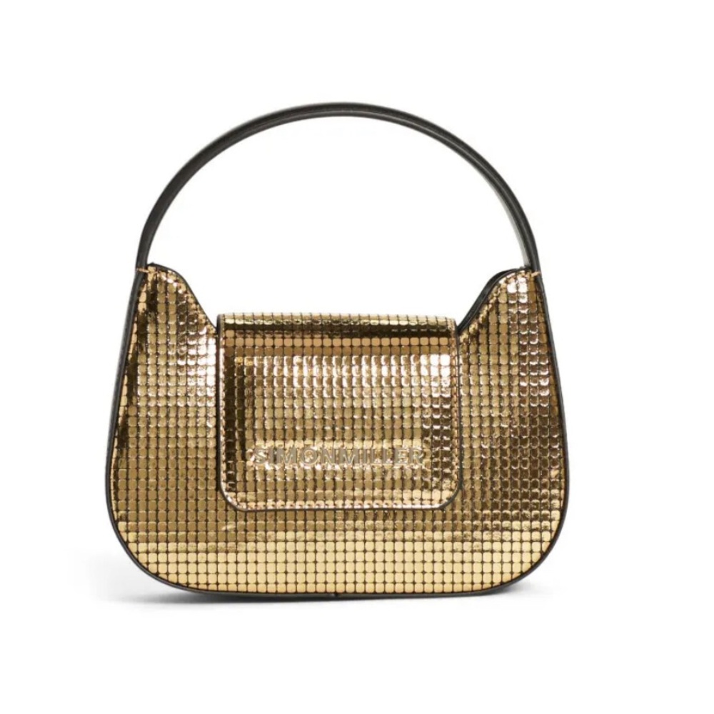 Simon Miller gold retro top handle mini bag with black leather finishes. EUC